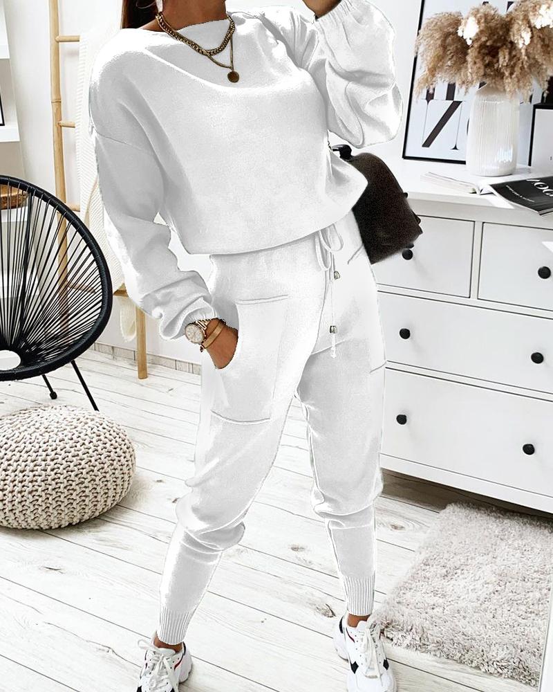 

Plain Long Sleeve Top & Drawstring Pants Set, White