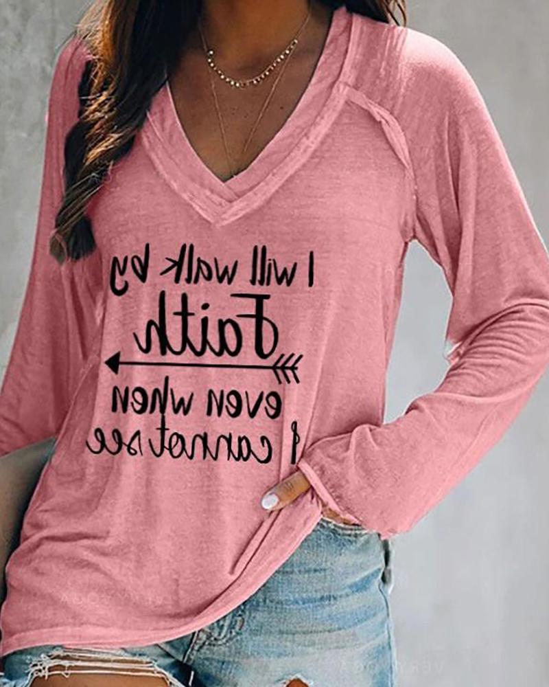 

V-Neck Letter Arrow Print Long Sleeve Casual Top, Pink