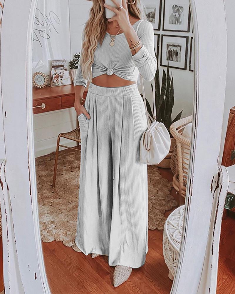 

Long Sleeve Crop Women Top & Pocket Design Wide Leg Pants Set, White