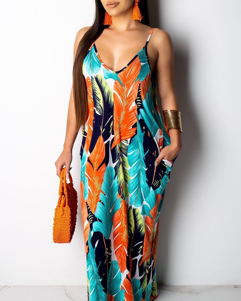 leaf printed spaghetti strap maxi dress