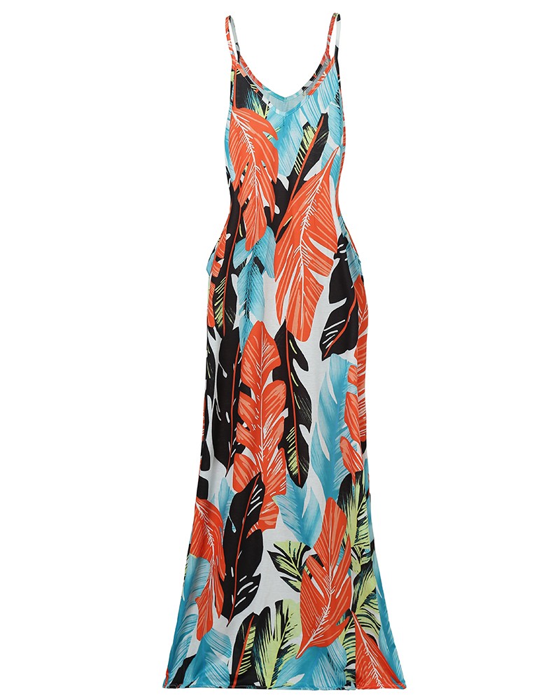 leaf printed spaghetti strap maxi dress