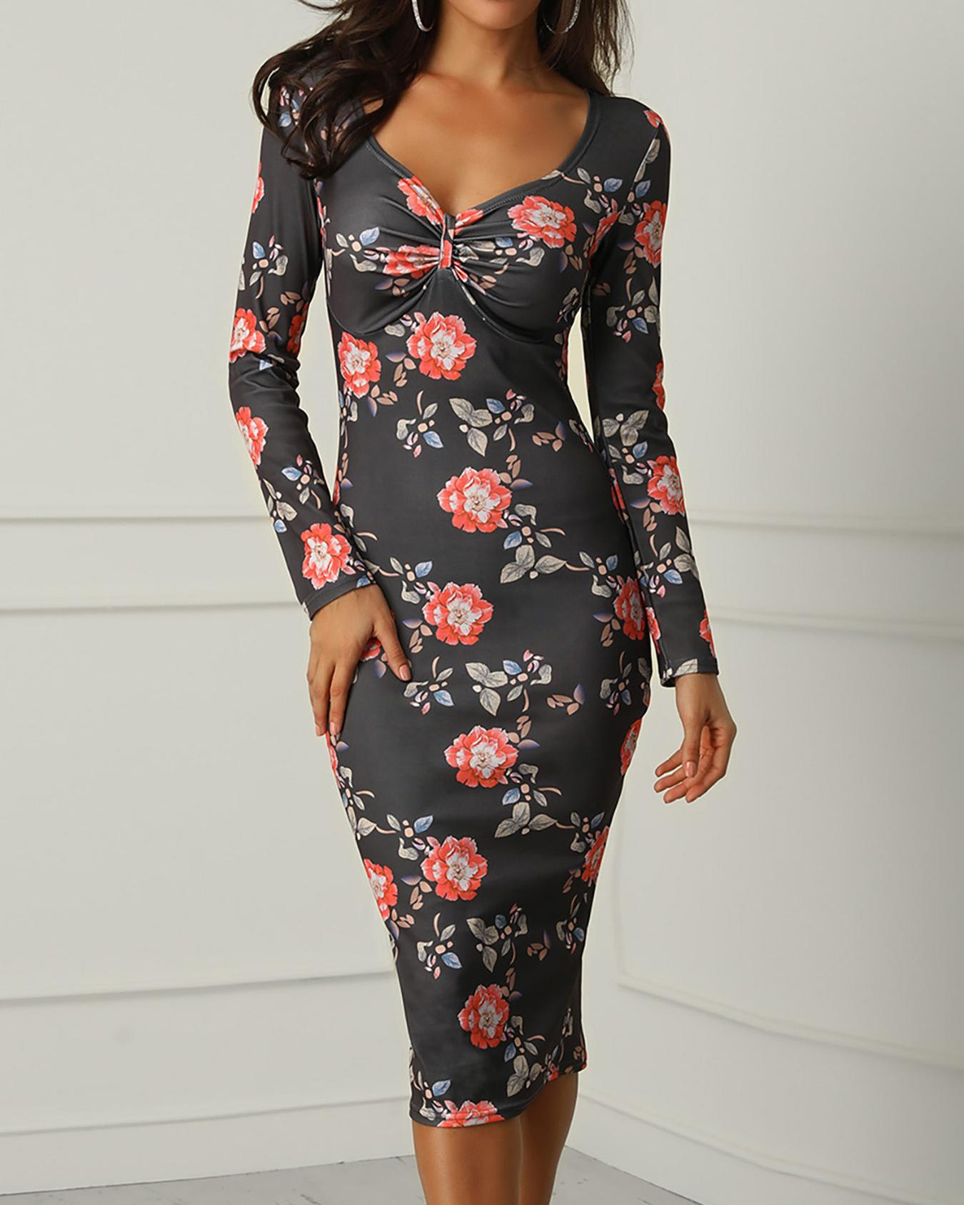 

Floral Print Ruched Long Sleeve Bodycon Dress, Black