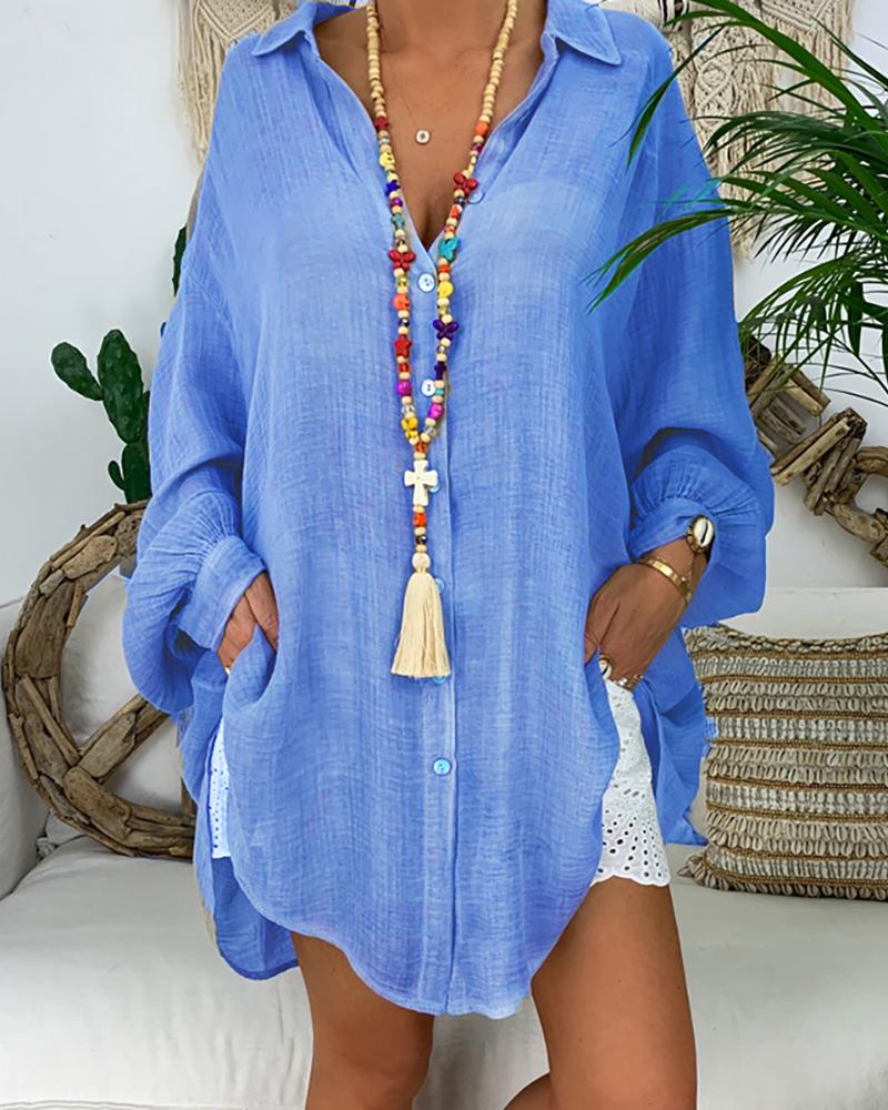 

Lantern Sleeve Button Design Casual Women Blouse, Blue