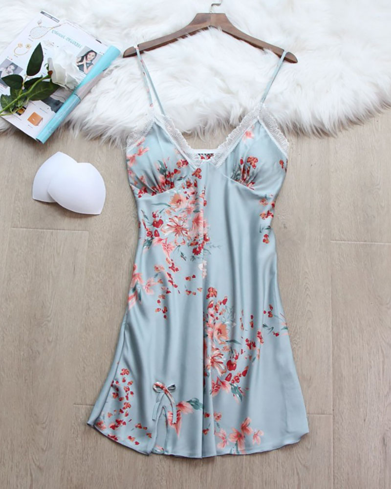 Frill Hem Floral Print Contrast Lace Padded Spaghetti Strap Slip Sleepwear