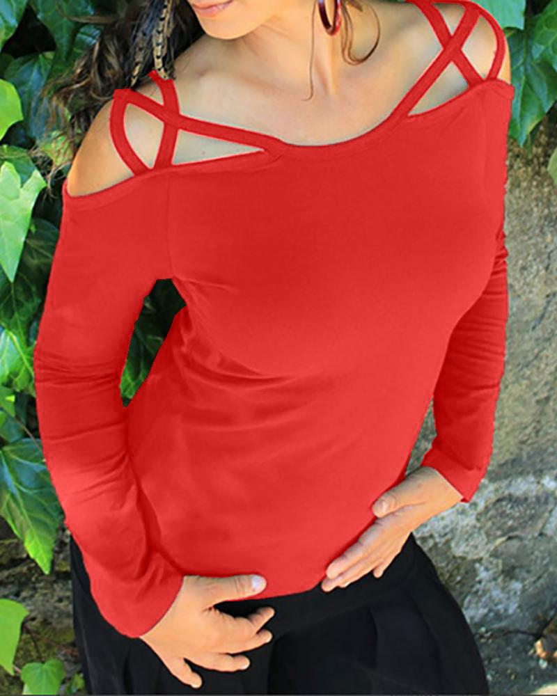 

Plain Cutout Cold Shoulder Long Sleeve Top, Red