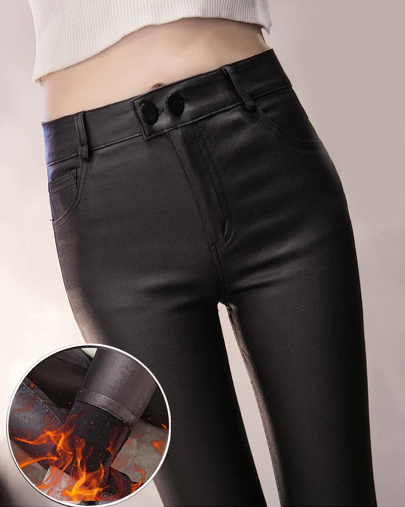 

PU Leather Fleece Lined Pants, Black