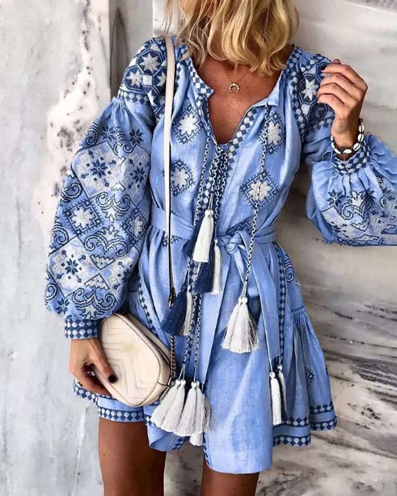 

Retro Print Tassel Design Lantern Sleeve Dress, Blue