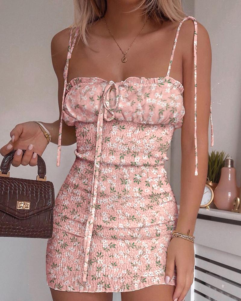 

Floral Print Spaghetti Strap Shirring Dress, Pink