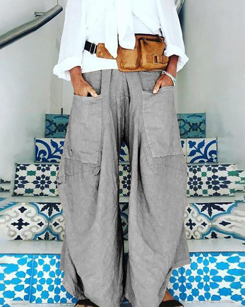 

Pocket Design Wide Leg Casual Pants, Gray