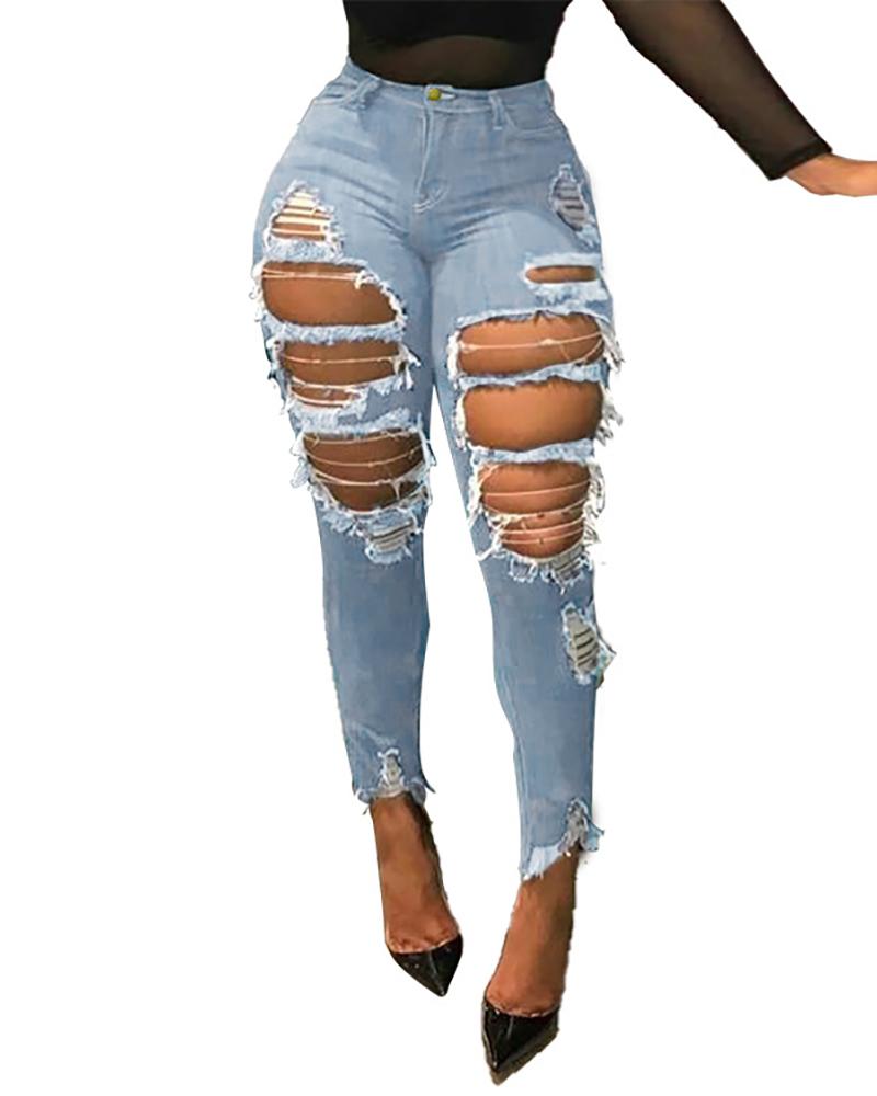 

Ripped Cutout Fringe Hem Denim Pants, Light blue