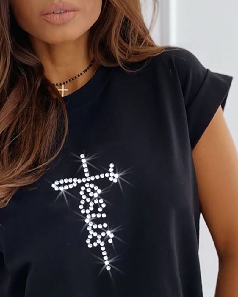 Short Sleeve Bling Rhinestone TShirt