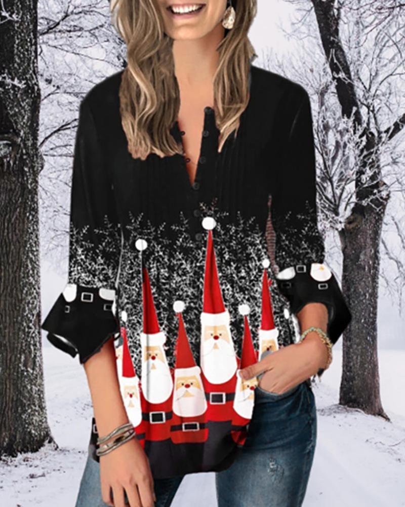 

Christmas Print Colorblock Buttoned Top, Black