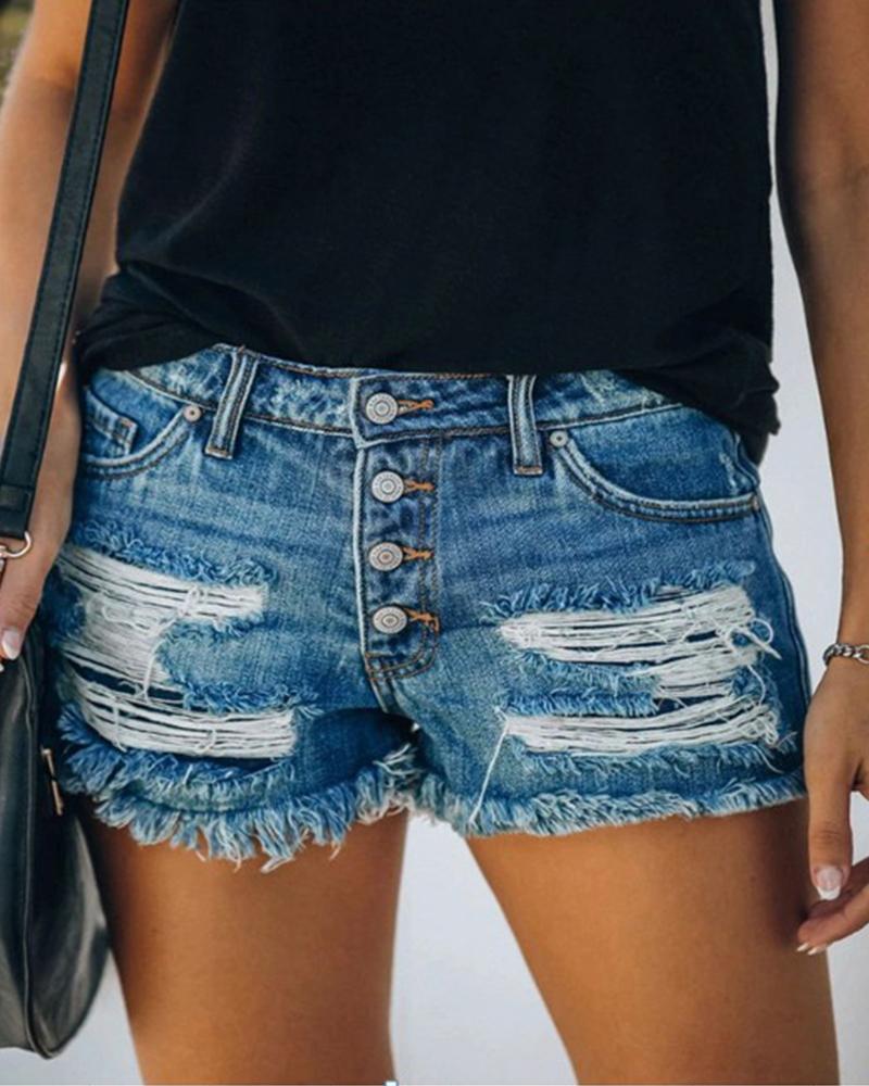 

Distressed Denim Shorts, Blue