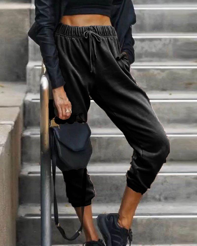 

Plain Drawstring Casual Sweatpants, Black
