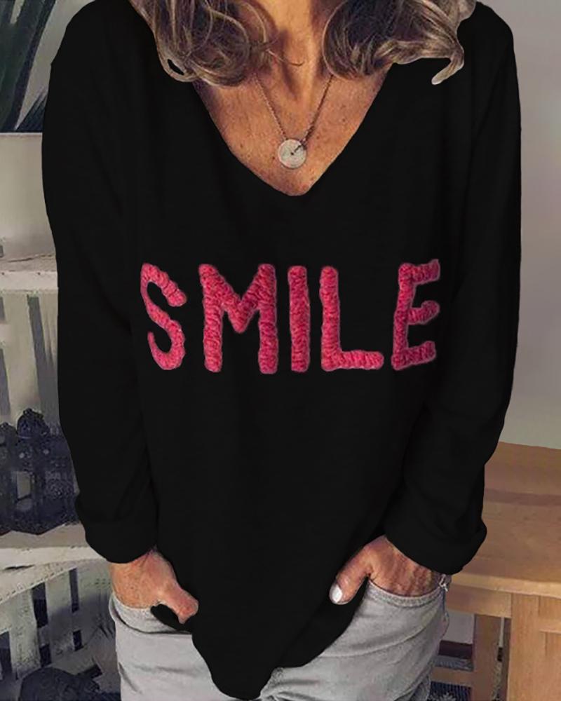 

V-Neck Long Sleeve Letter Embroidery T-shirt, Black