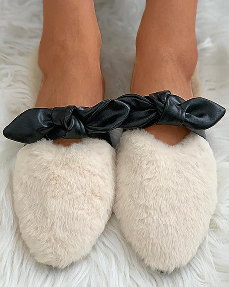 

Pointed Toe Bowknot Fluffy Slippers, Beige