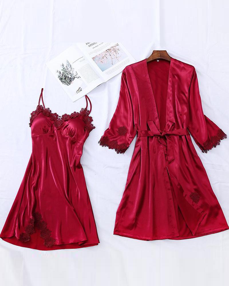 

Lace Trim Robe & Camisole Set, Red