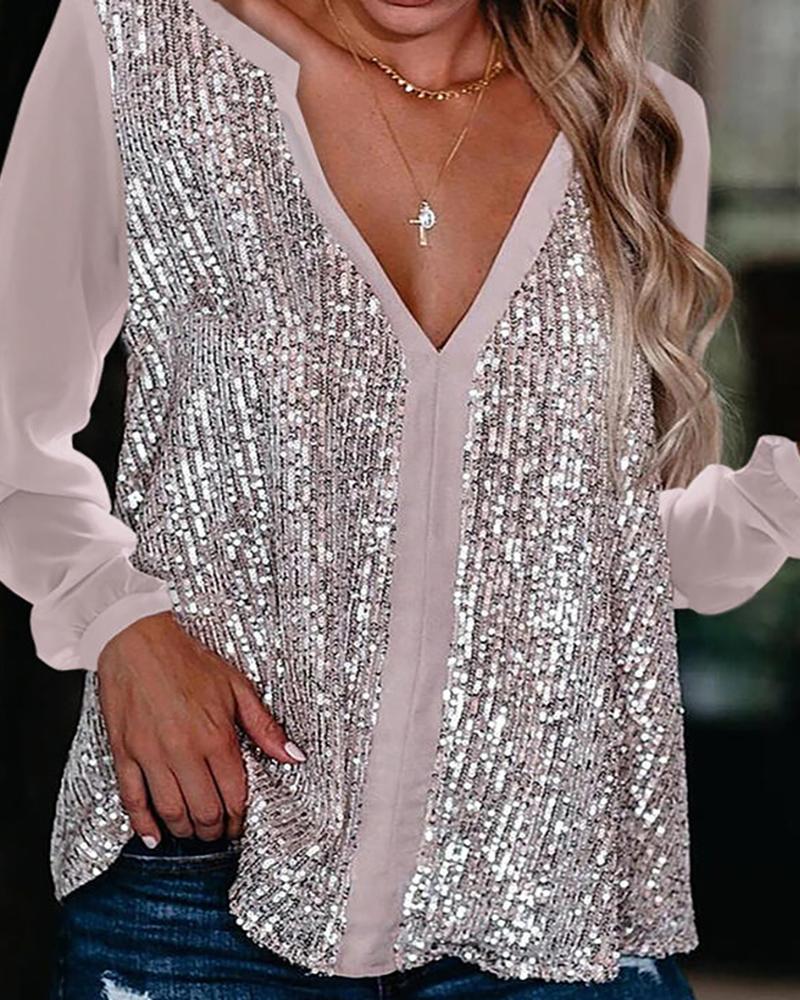 

Sheer Mesh Long Sleeve Sequins Top, Pink