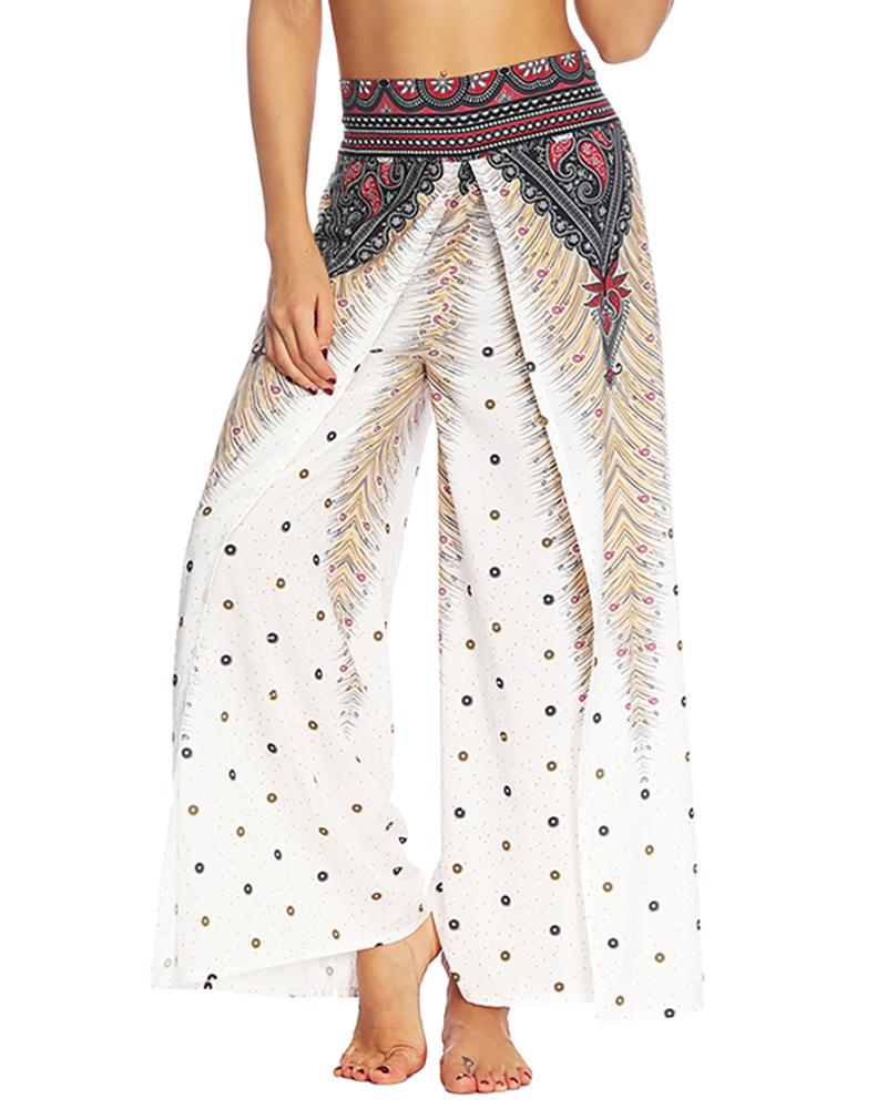 

Print Wide Leg Culotte Design Yoga Pant, White