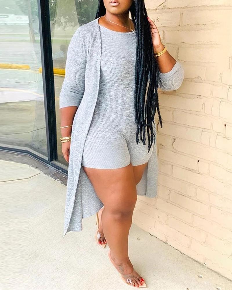 

Ribbed Solid Romper & Longline Coat Set, Gray