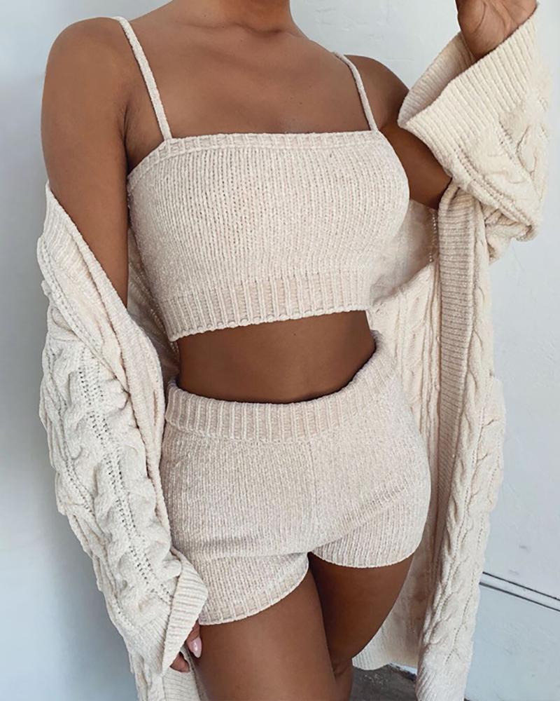 

Spaghetti Strap Knitting Tank & Shorts Sets, Beige