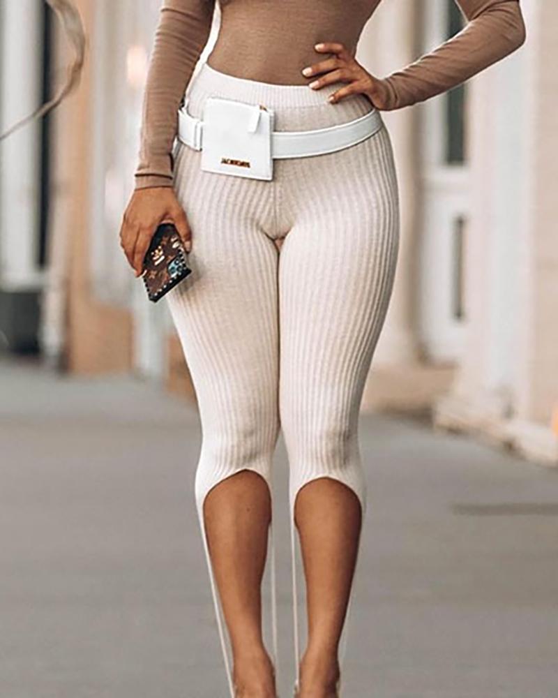 

High Waist Plain Knit Pants, White