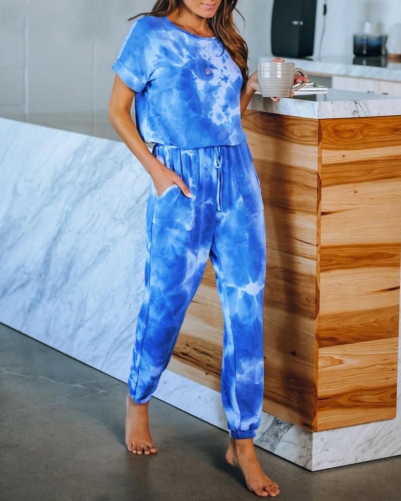 

Tie Dye Print Drawstring Pockets Pajamas Set, Dark blue