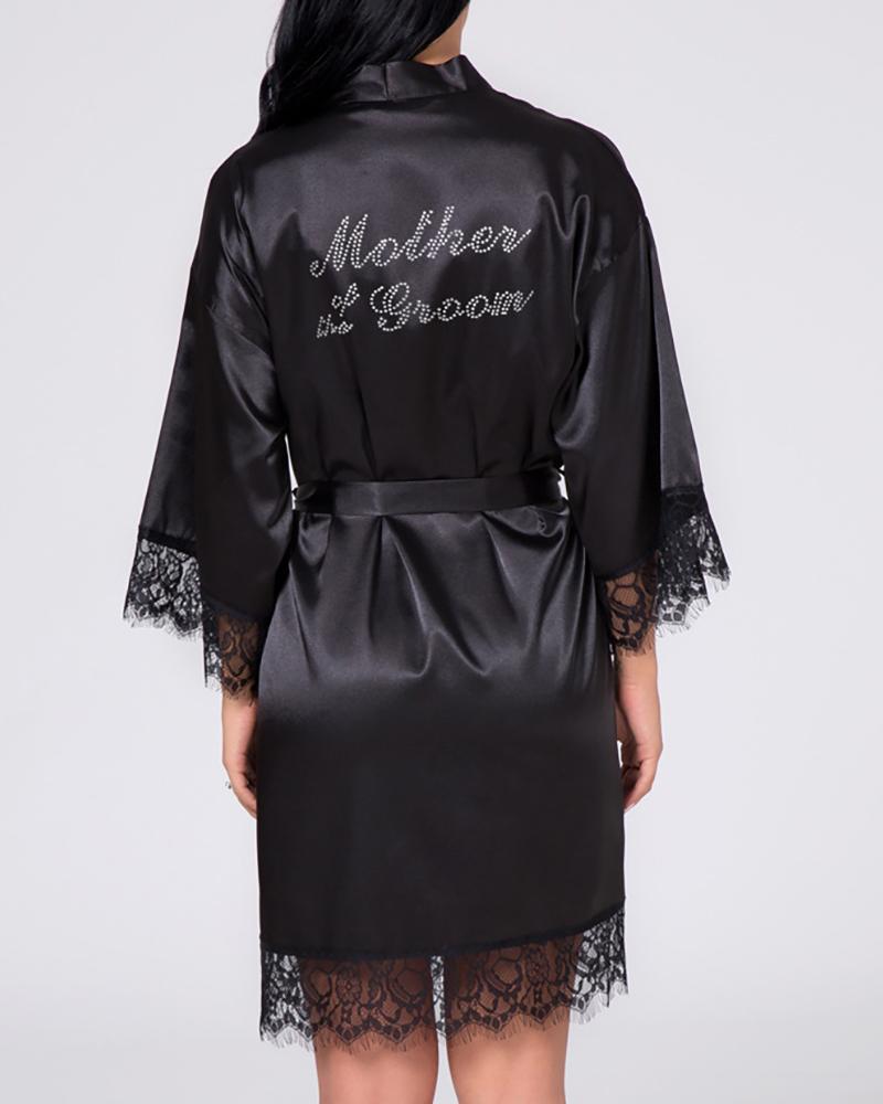

Letter Print Half Sleeve Lace Trim Robe, Black