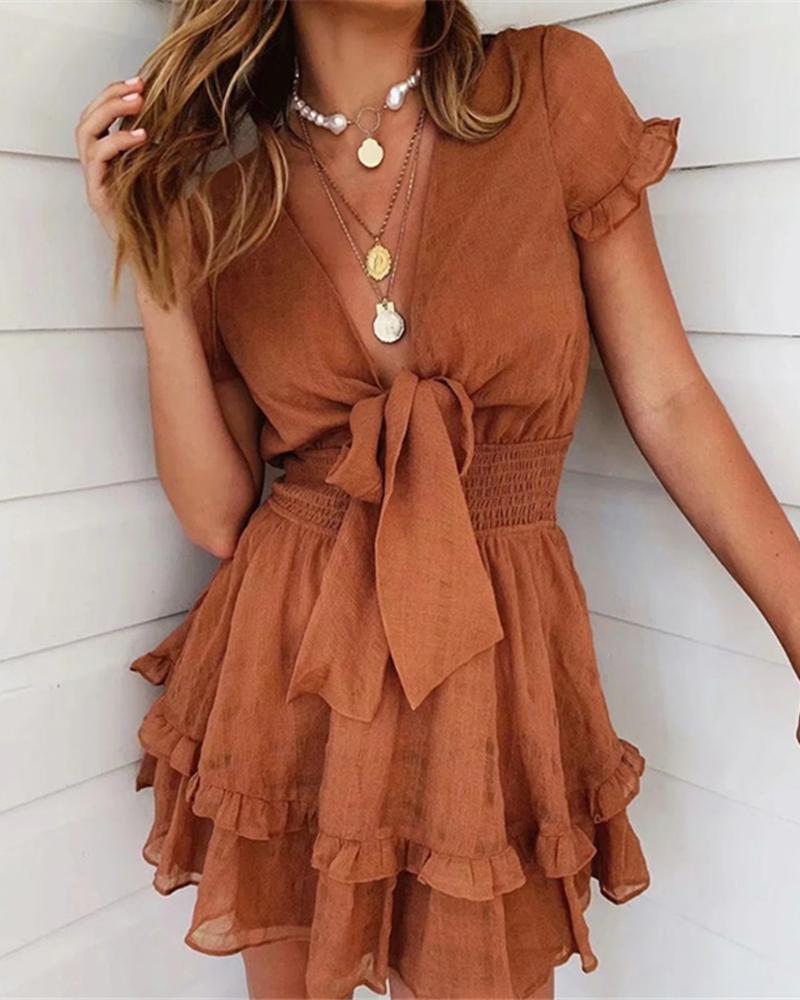 

Knot Front Shirring Waist Frill Hem Ruffles Casual Dress, Brown