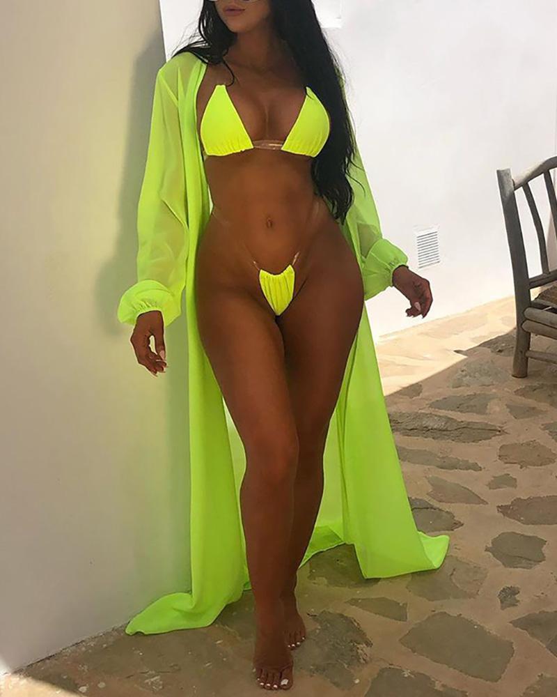 

Halter Spaghetti Strap Ruched Bikini Set With Sheer Mesh Cover Up, Green