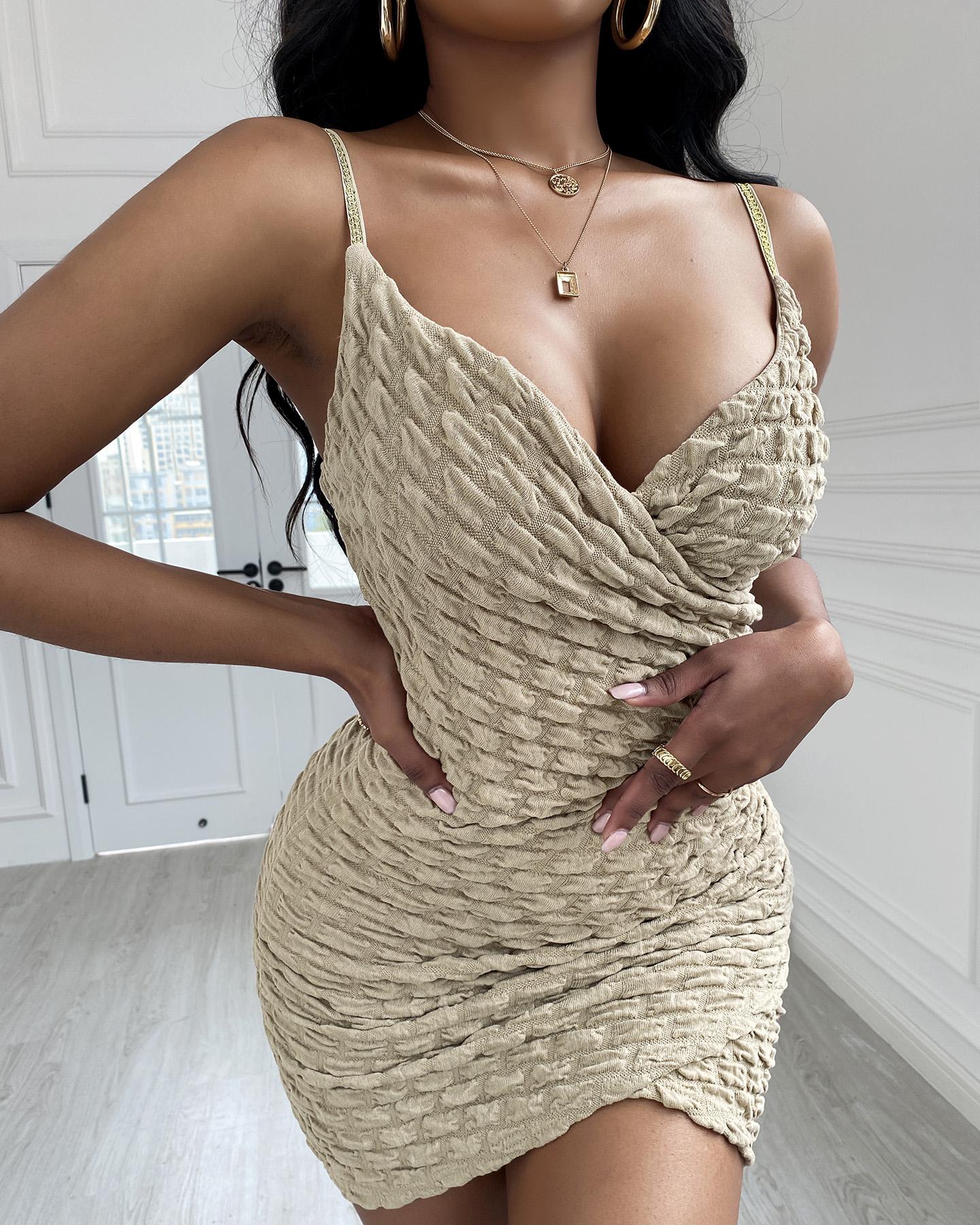 

Spaghetti Strap Wrap Bodycon Dress, Coffee