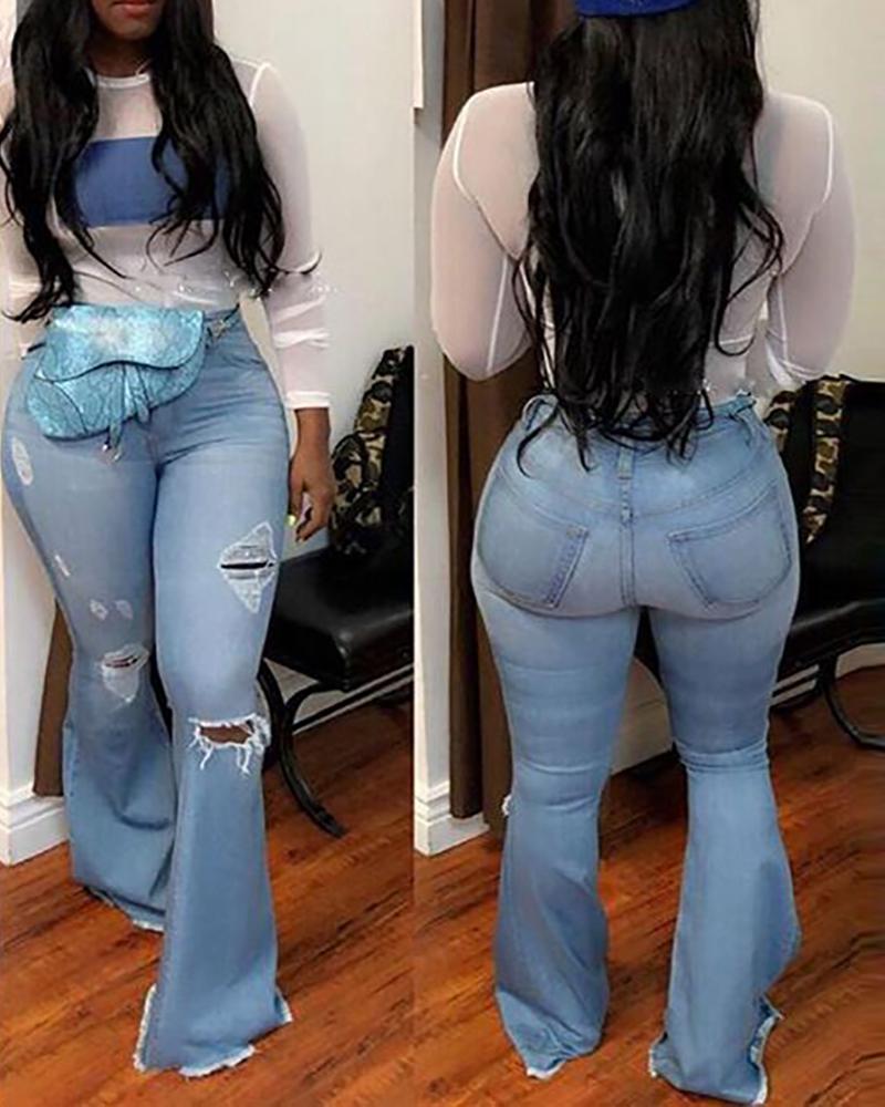 

Cutout Ripped Pocket Design Skinny Bootcut Jeans, Light blue