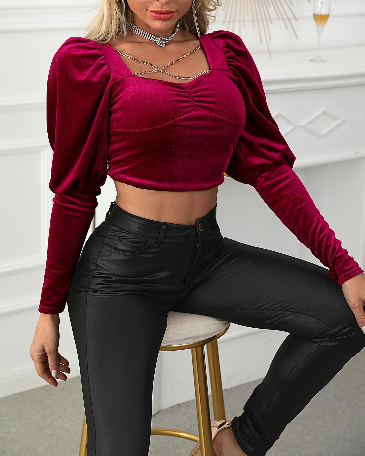 

Velvet Puff Sleeve Ruched Crop Top, Red