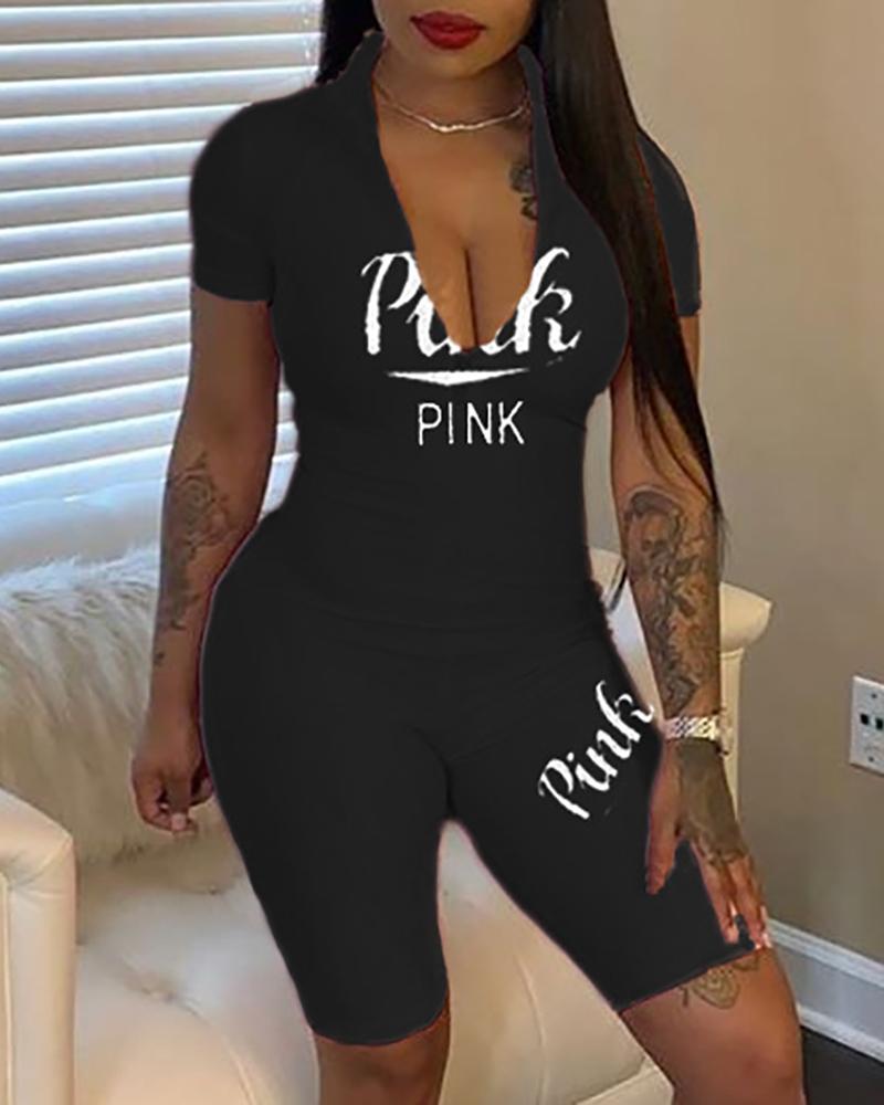 

Letter Print Plunge Short Sleeve Fitted Romper, Black