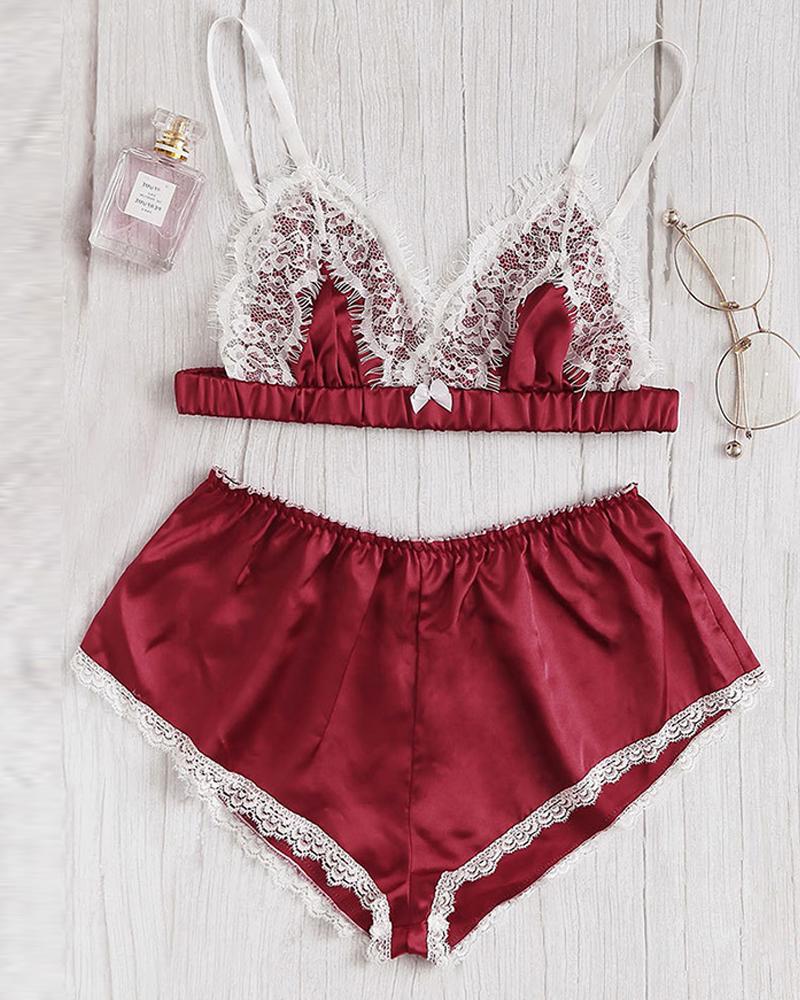 

Lace Hem Triangle Bra Sets, Wine red