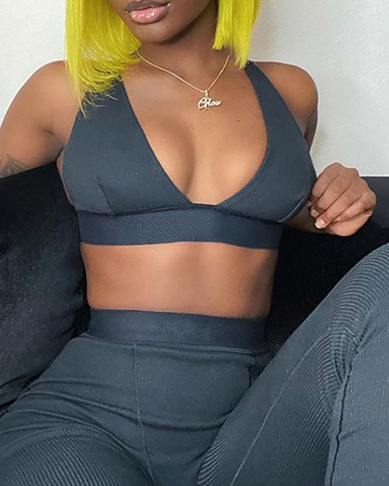 

Colorblock Crop Top & High Waist Pants Set, Black