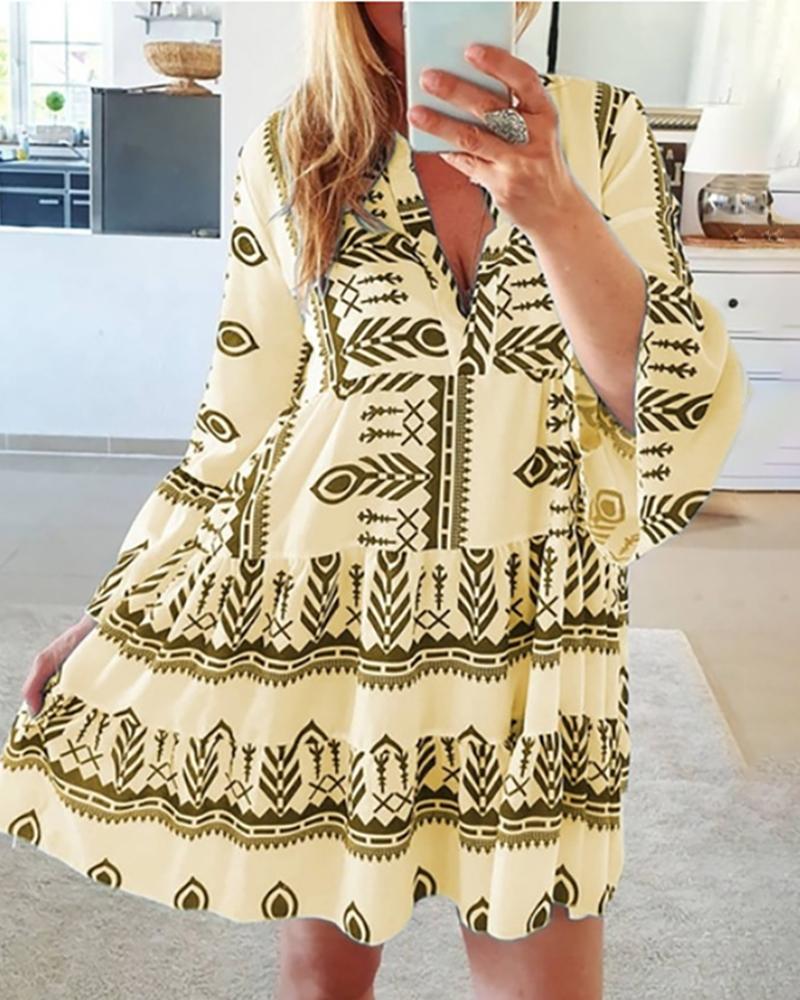 

Mixed Print Bell Sleeve Ruched Dress, Yellow