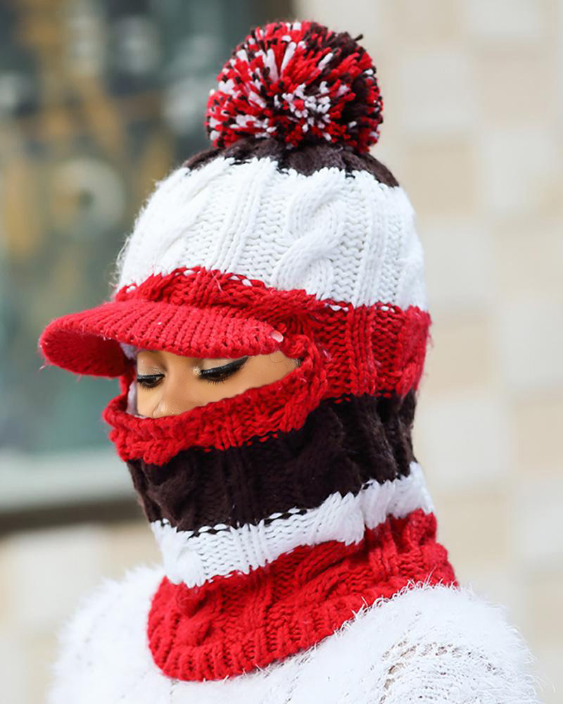 

2 In 1 Pom Pom Colorblock Knit Beanie, Red