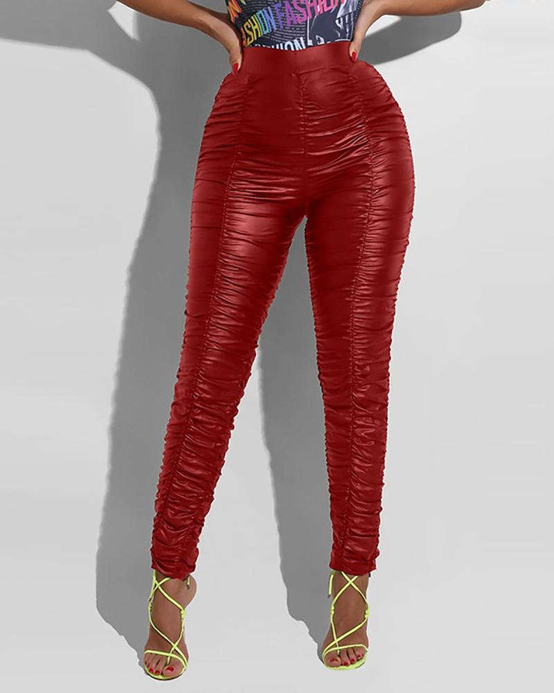 

High Waist Fold PU Leather Pants, Wine red