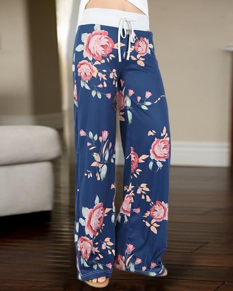 

High Waist Floral Print Casual Pants, Blue