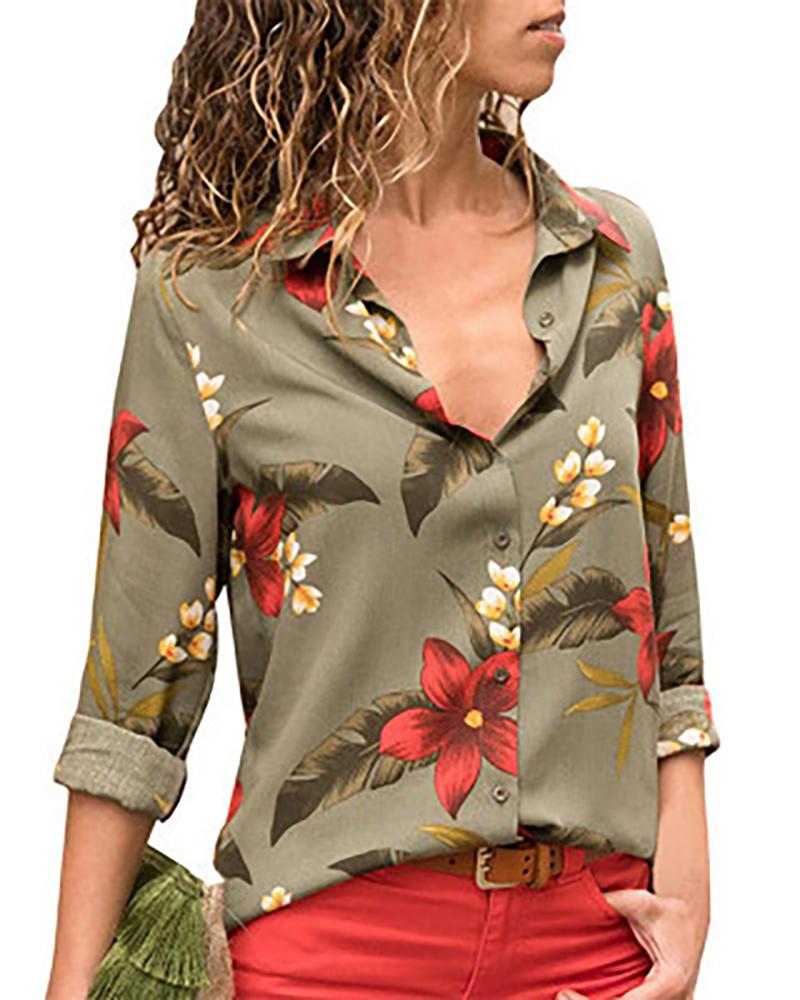 

Floral Printed Turn-down Collar Shirt, Army green