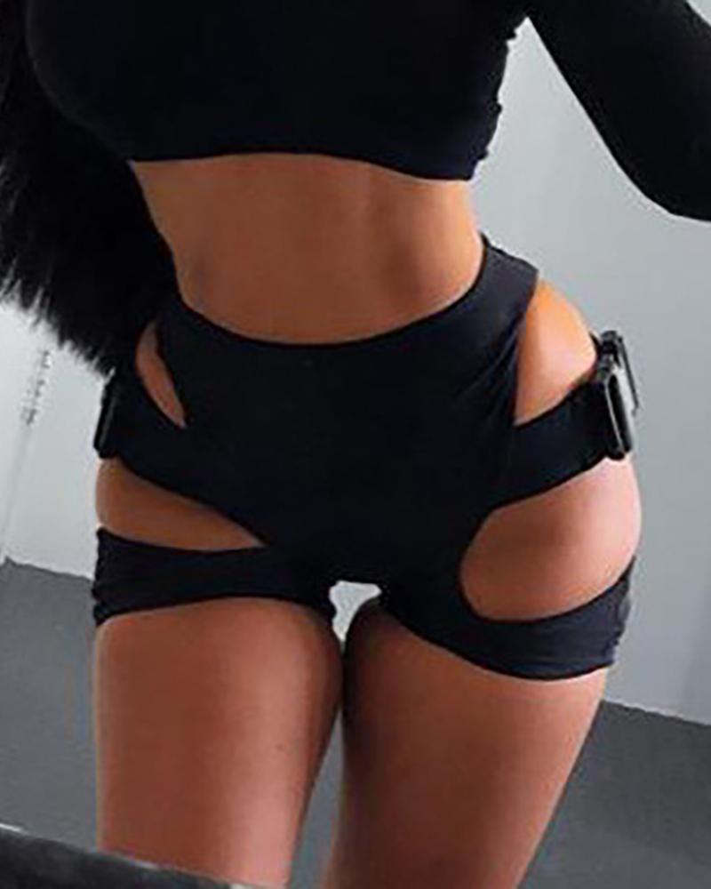 

Buckled Cutout High Waist Shorts, Black