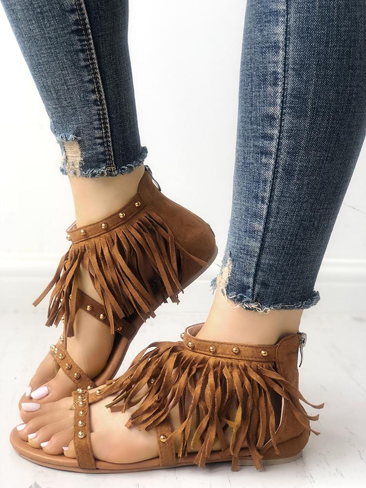 

Rivet Tassel Open Toe Flat Sandals, Brown