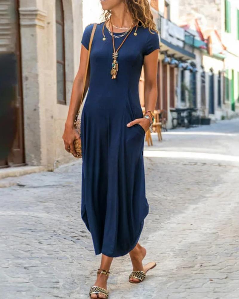

Short Sleeve Pocket Design Plain Casual Dress, Dark blue