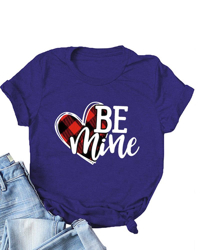 

Valentine' Day Plaid Heart Letter Print T-shirt, Blue