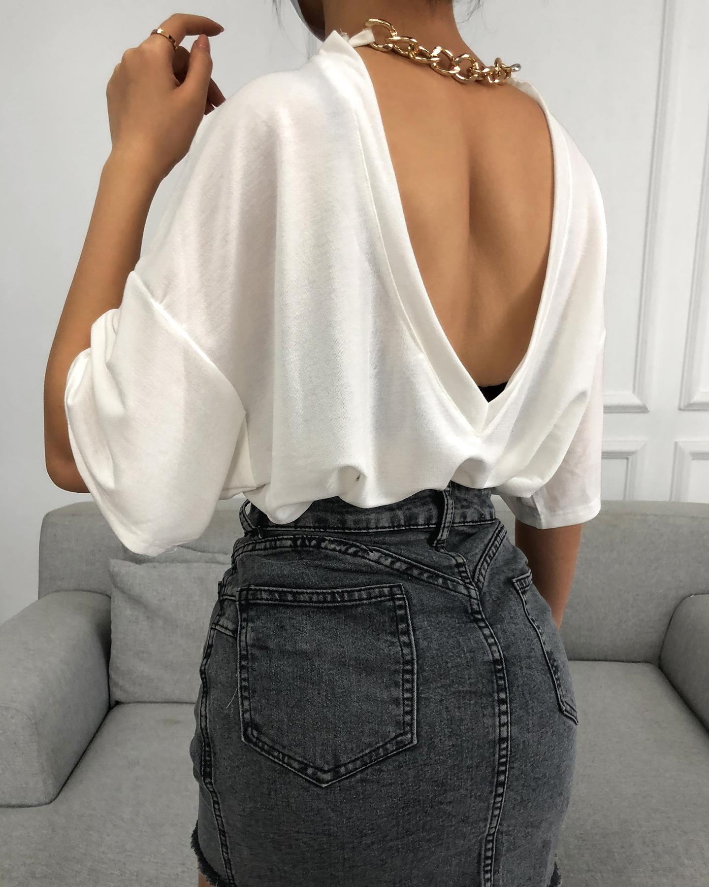 

Plain Short Sleeve Casual Backless T-shirt, White