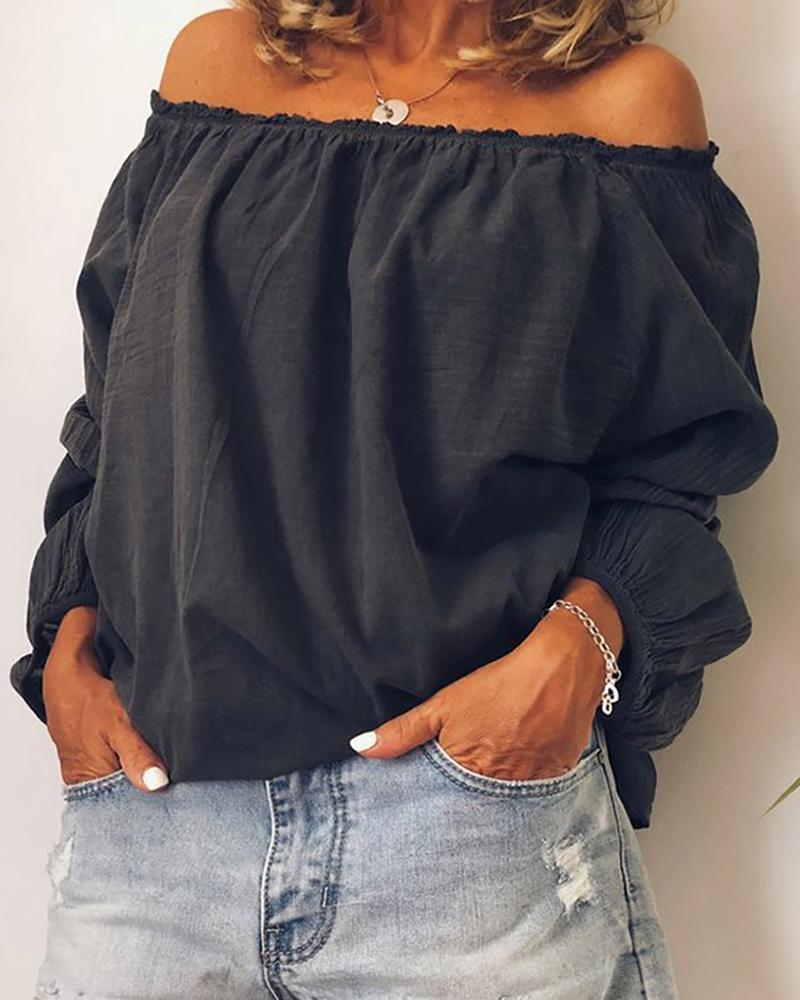 

Off Shoulder Frill Hem Long Sleeve Casual Blouse, Black
