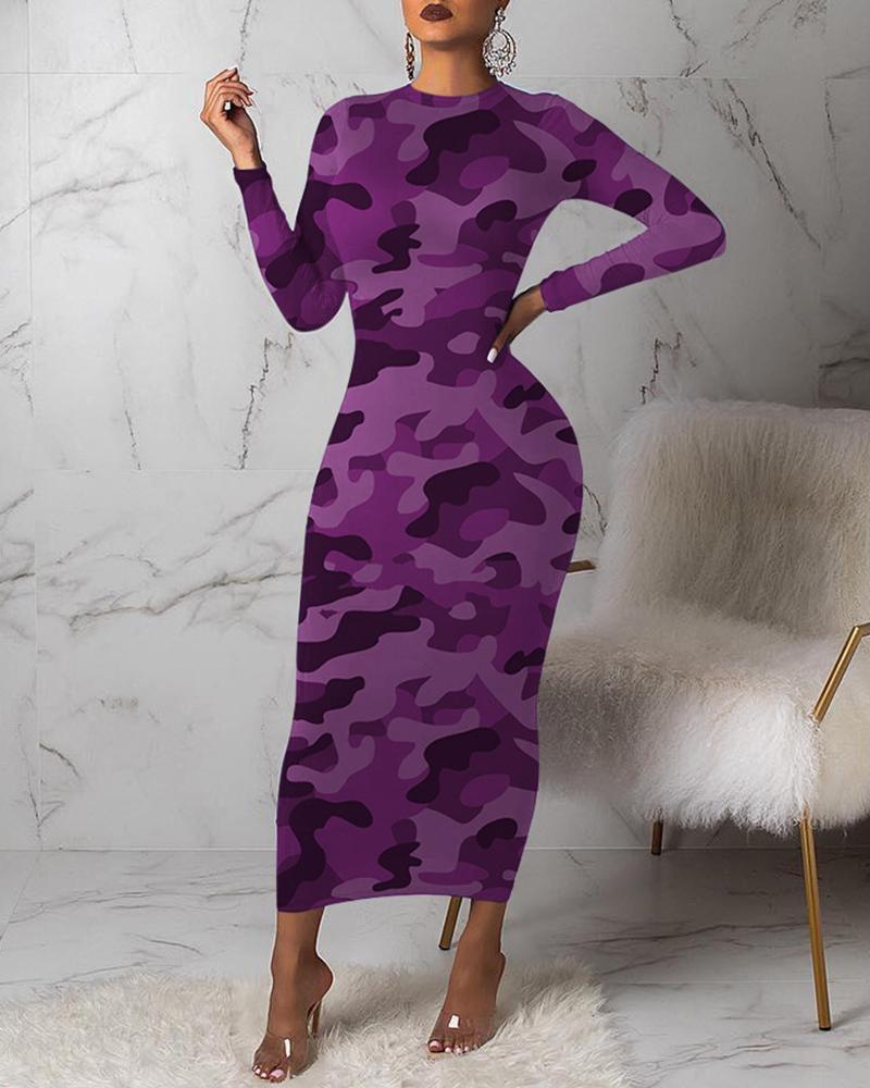 

Camouflage Round Neck Long Sleeve Dress, Purple