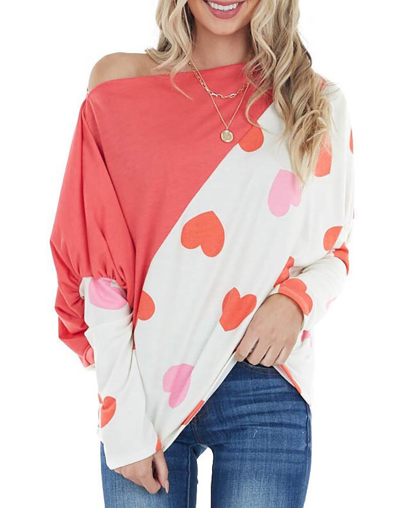 

Heart Print Long Sleeve T-Shirt, Pink