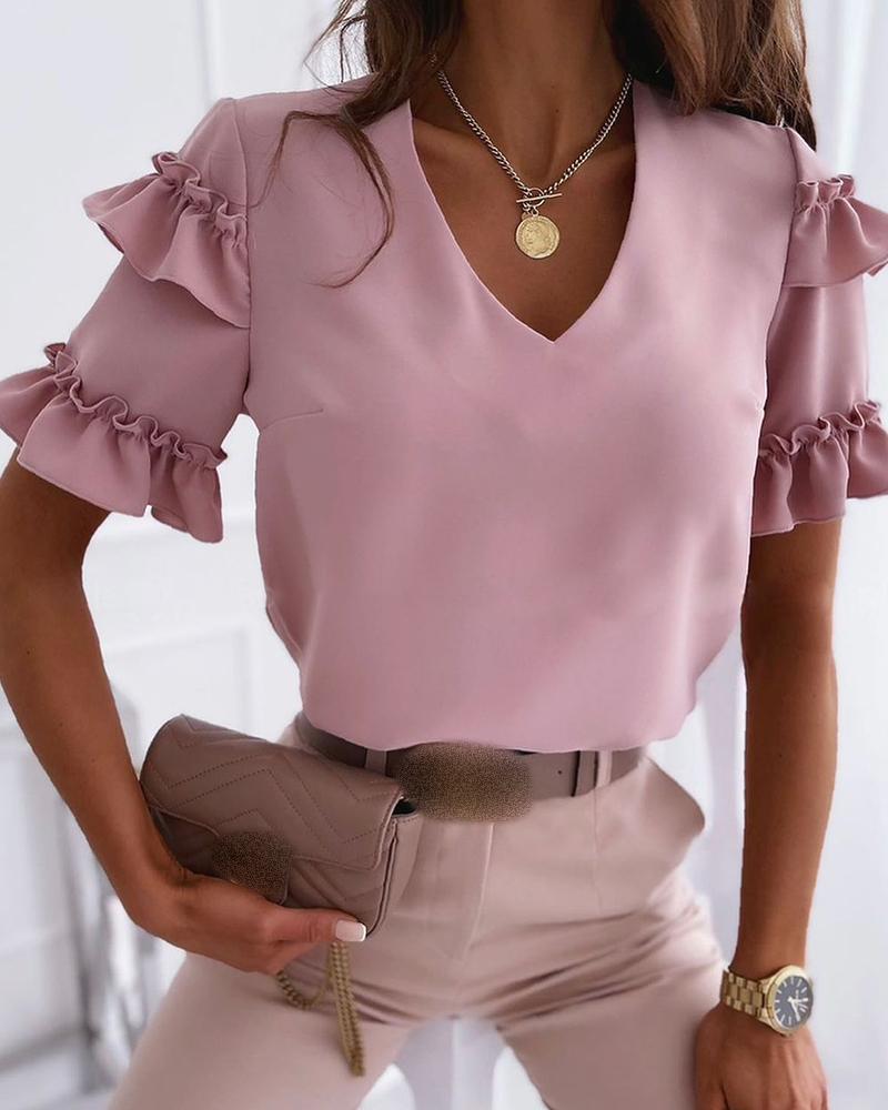 

Frill Hem Short Sleeve V-Neck T-shirt, Pink